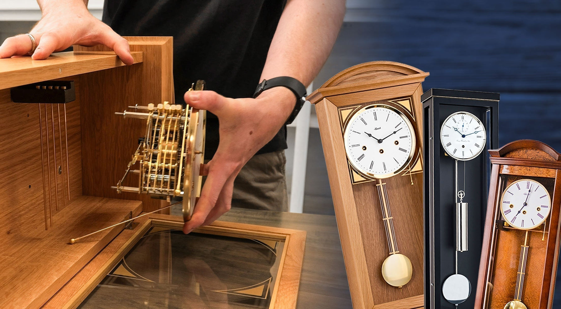 Image of person removing clock movement from case with three example wall clocks on the side.