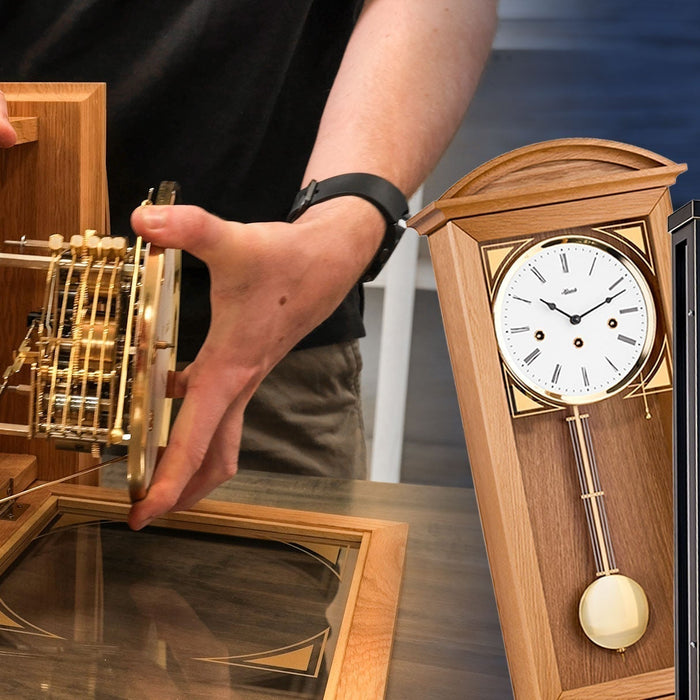 Image of person removing clock movement from case with three example wall clocks on the side.