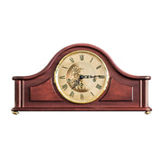 Wooden tambour style mantel clock with roman numerals, on a white background