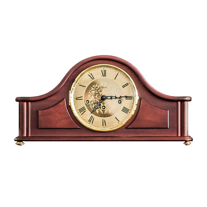 Wooden tambour style mantel clock with roman numerals, on a white background
