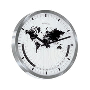 World map clock with silver framing and black hands on white background.