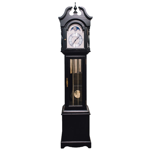 Black finish wood Grandmother clock with brass highlights on white background