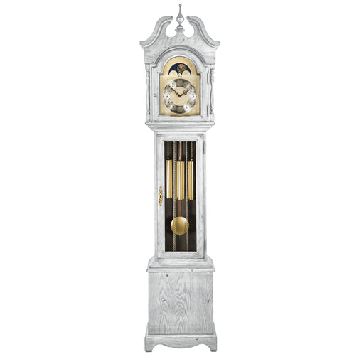 White finish wood Grandmother clock with brass highlights on white background