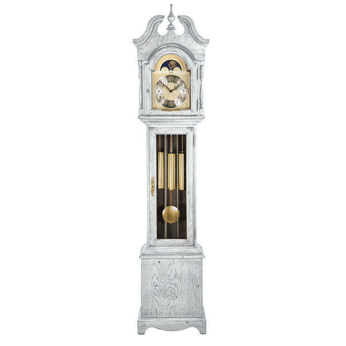 White finish wood Grandmother clock with brass highlights on white background