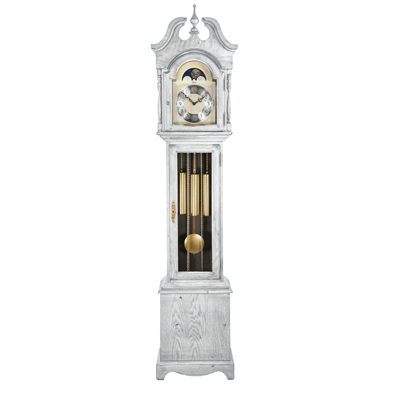 White finish wood Grandmother clock with brass highlights on white background