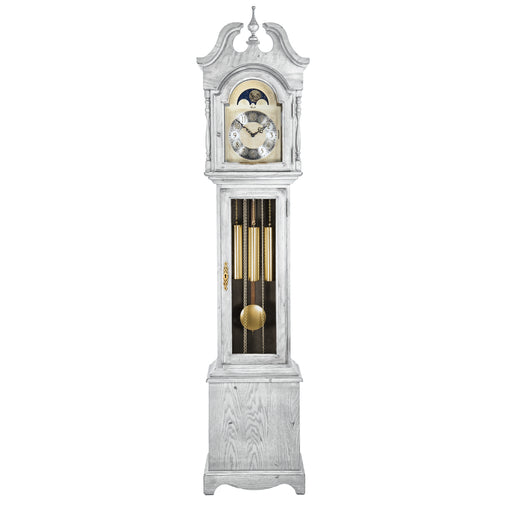 White finish wood Grandmother clock with brass highlights on white background
