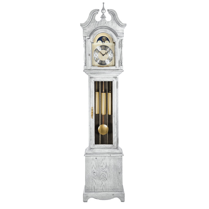 White finish wood Grandmother clock with brass highlights on white background