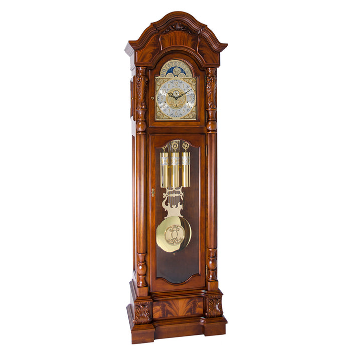 Cherry wood grandfather clock with detailed design on a white background
