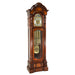 Cherry wood grandfather clock with detailed design and chime tubes on a white background