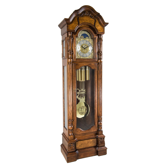 Oak wood grandfather clock with detailed design on a white background
