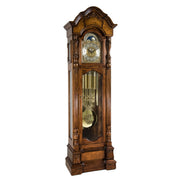 Oak wood grandfather clock with detailed design and chime tubes on a white background