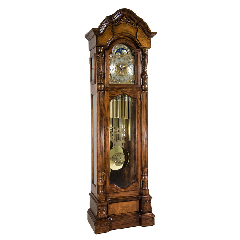 Oak wood grandfather clock with detailed design and chime tubes on a white background
