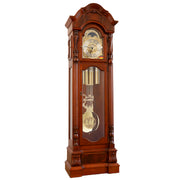 Cherry wood grandfather clock with detailed design on a white background.