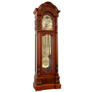 Cherry wood grandfather clock with detailed design and chime tubes on a white background.
