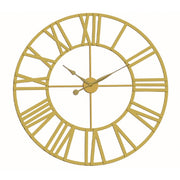 Roman numeral wall clock with gold finish and airy design on white background.