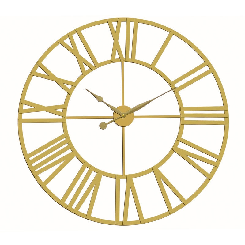 Roman numeral wall clock with gold finish and airy design on white background.