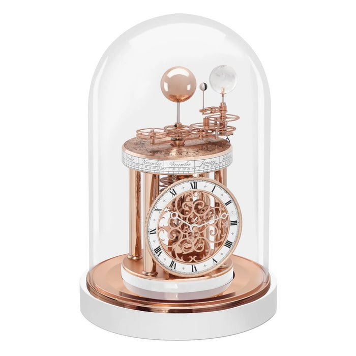 Rose Gold Astrolabium with intricate gears on white backdrop 