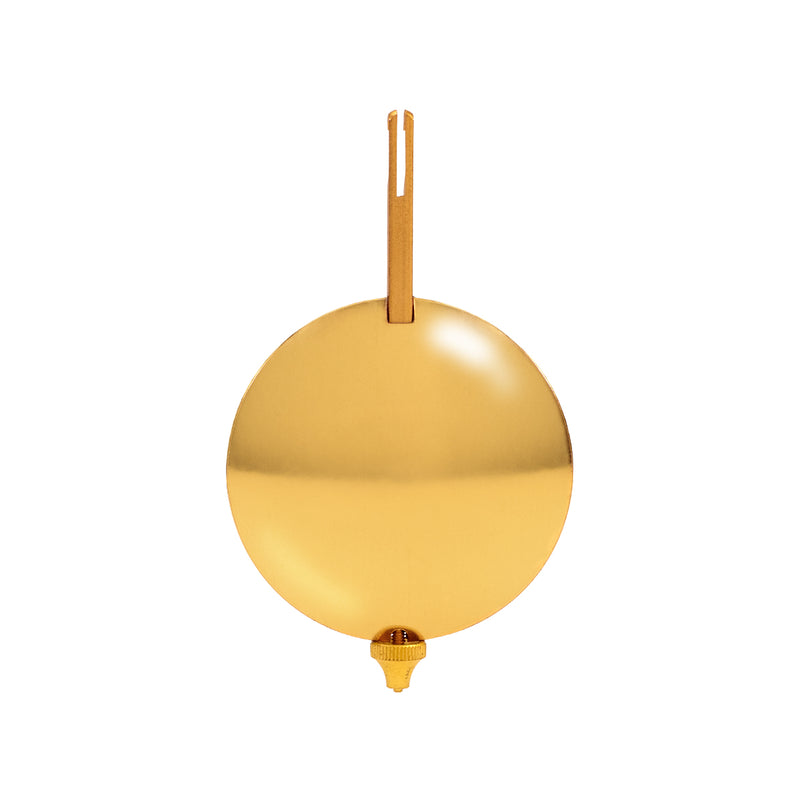 Small brass pendulum with adjustment knob on the bottom shown on plain white background.