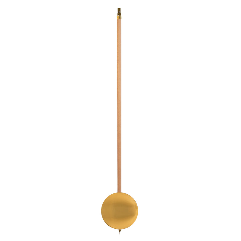 Clock pendulum made with wood and brass on white background.