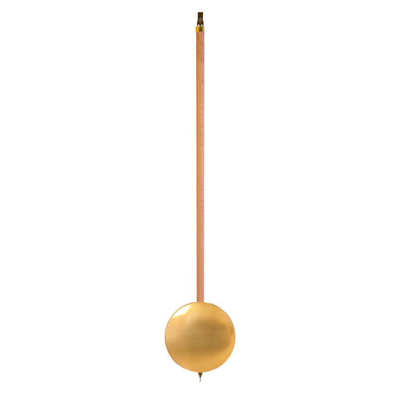 Clock pendulum with wooden shaft and brass bob on white background.