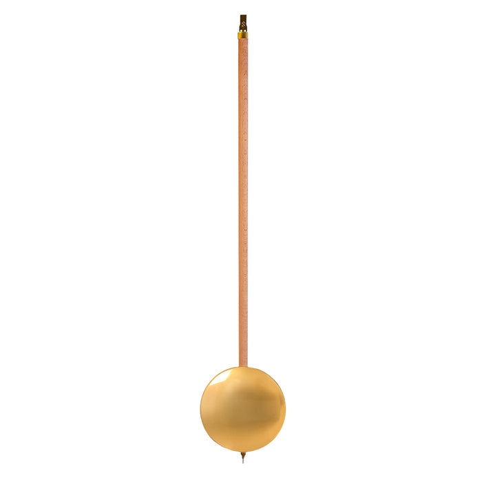 Clock pendulum with wooden shaft and brass bob on white background.