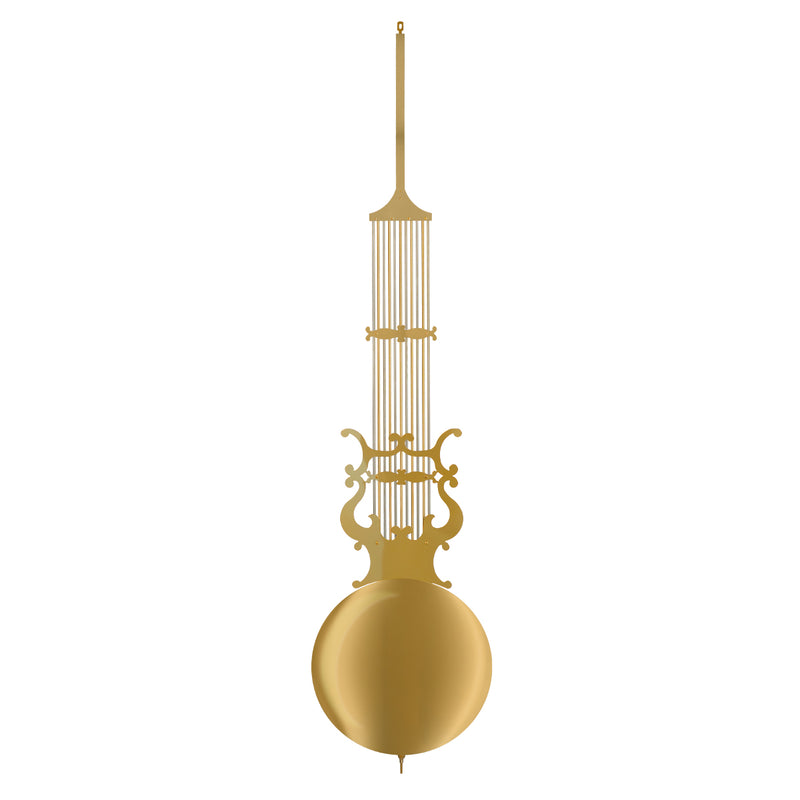 Large clock pendulum with ornate design and brass finish on white background.