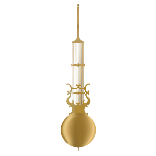 Large clock pendulum with ornate design and brass finish on white background.