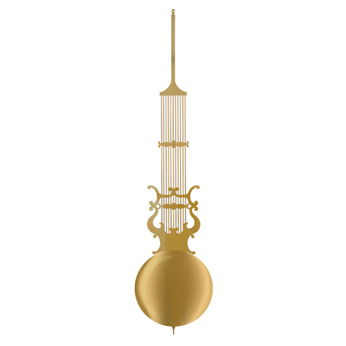 Large clock pendulum with ornate design and brass finish on white background.