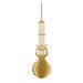 Large clock pendulum with ornate design and brass finish on white background.