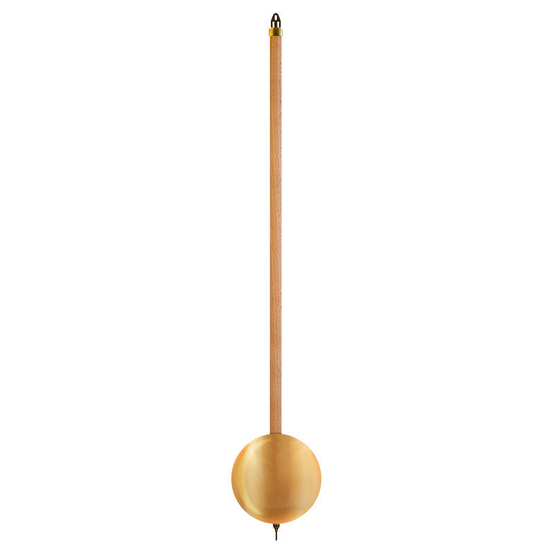 Wood and brass clock pendulum on white background.