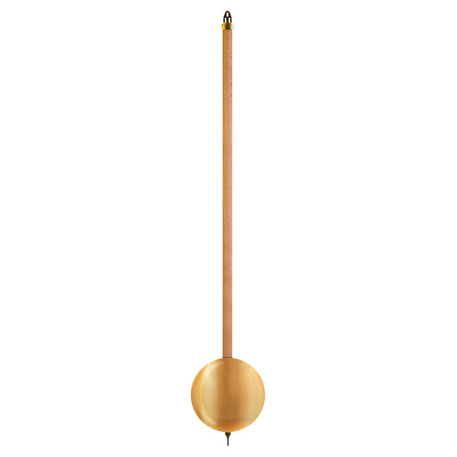 Wood and brass clock pendulum on white background.