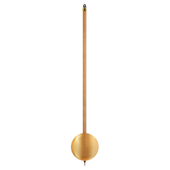 Wood and brass clock pendulum on white background.