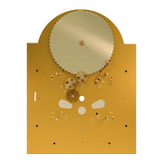Rear view of brass clock face with visible gears on white background.