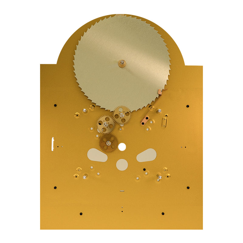 Rear view of brass clock face with visible gears on white background.