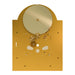 Rear view of brass clock face with visible gears on white background.