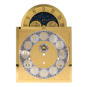 Ornate brass clock face with silver highlights and moon dial on what background.