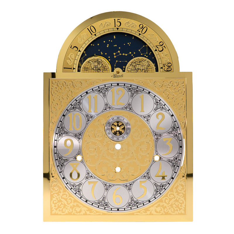 Ornate brass clock face with silver highlights and moon dial on what background.