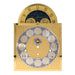 Ornate brass clock face with silver highlights and moon dial on what background.