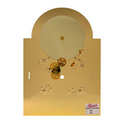 Rear view of brass clock face with visible gears and mounting points on white background.