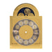 Brass clock face with moon dial and ornate design on white background.