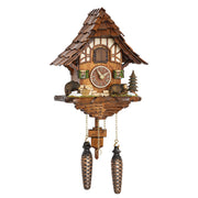 Ornate wooden cuckoo clock with bear figurines and wooden shutter roof on white background.