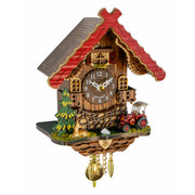 Traditional Black Forest German cuckoo clock with vintage red tractor and young deer, and red framed roof chalet.