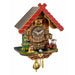 Traditional Black Forest German cuckoo clock with vintage red tractor and young deer, and red framed roof chalet.