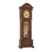 Ornate grandfather clock with brass highlights and intricate flower inlay.