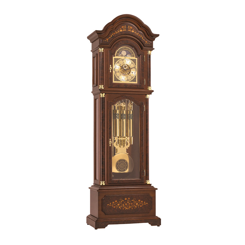 Ornate grandfather clock with brass highlights and intricate flower inlay.