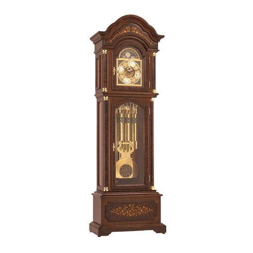 Ornate grandfather clock with brass highlights and intricate flower inlay.