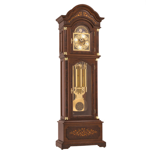 Ornate grandfather clock with brass highlights and intricate flower inlay