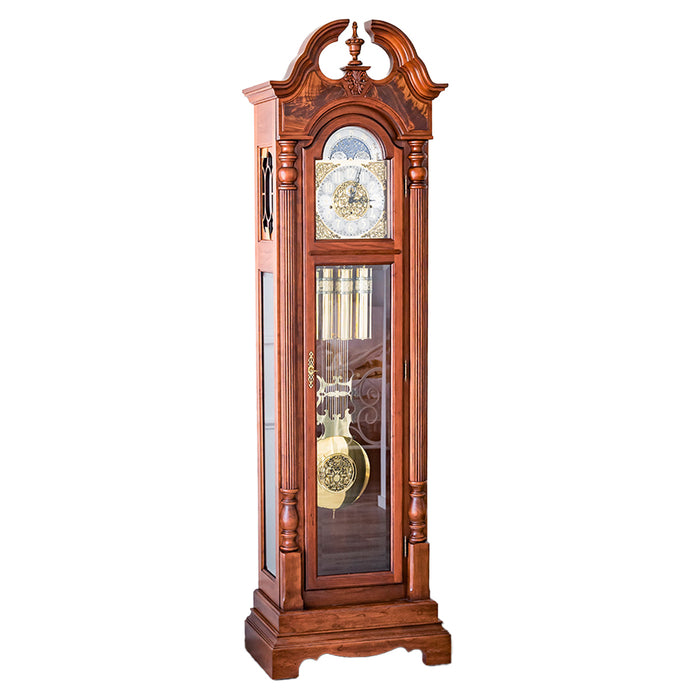 Cherry wood Grandfather clock with ornate design on white background