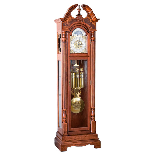 Cherry wood Grandfather clock with ornate design on white background