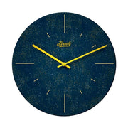 Dark blue wall clock with yellow hands and Hermle logo on what background.